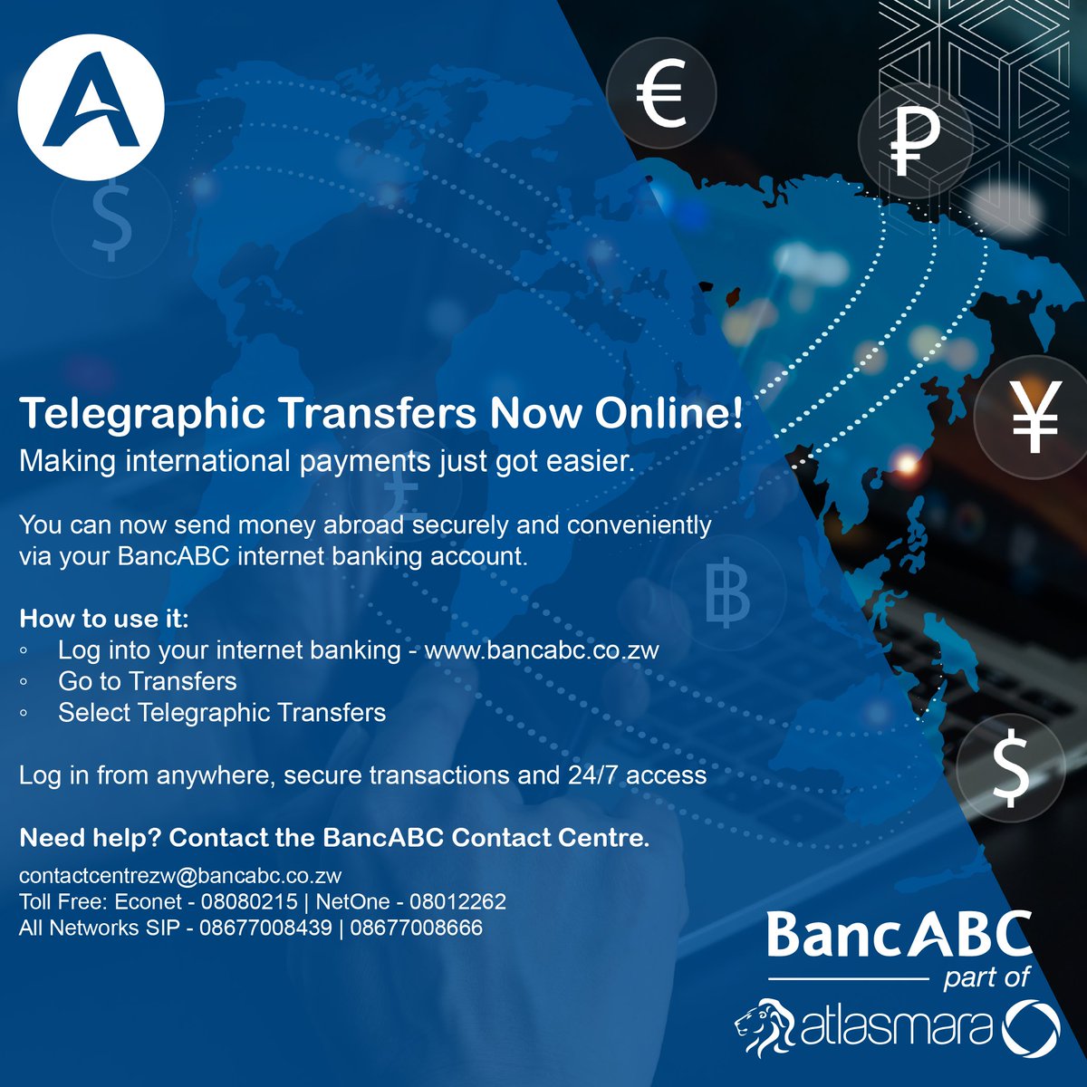 🌍Telegraphic Transfers (TTs) are now LIVE on @bancabczw Online Banking! 💻💸

No queues. No branch visits. Just fast, secure international payments at your fingertips — anytime, anywhere. 🙌

Log in &amp; make your TT today!

#BancABCOnlineBanking
#TelegraphicTransfersWithBancABC