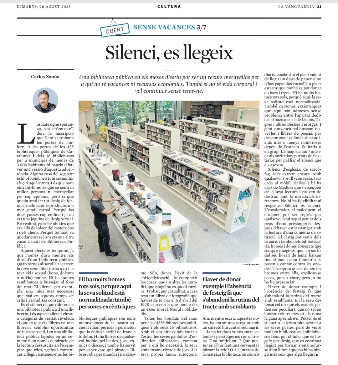 Carme Fenoll (@carmefenoll) on Twitter photo 📖 A l’estiu, les biblioteques són molt més que aire condicionat: són un espai per desaparèixer i tornar a ser. <a href="/czanon/">Carlos Zanón</a> reflexiona a La Vanguardia sobre el silenci que acompanya, consola i reconcilia. 📖 A l’estiu, les biblioteques són molt més que aire condicionat: són un espai per desaparèixer i tornar a ser. <a href="/czanon/">Carlos Zanón</a> reflexiona a La Vanguardia sobre el silenci que acompanya, consola i reconcilia.