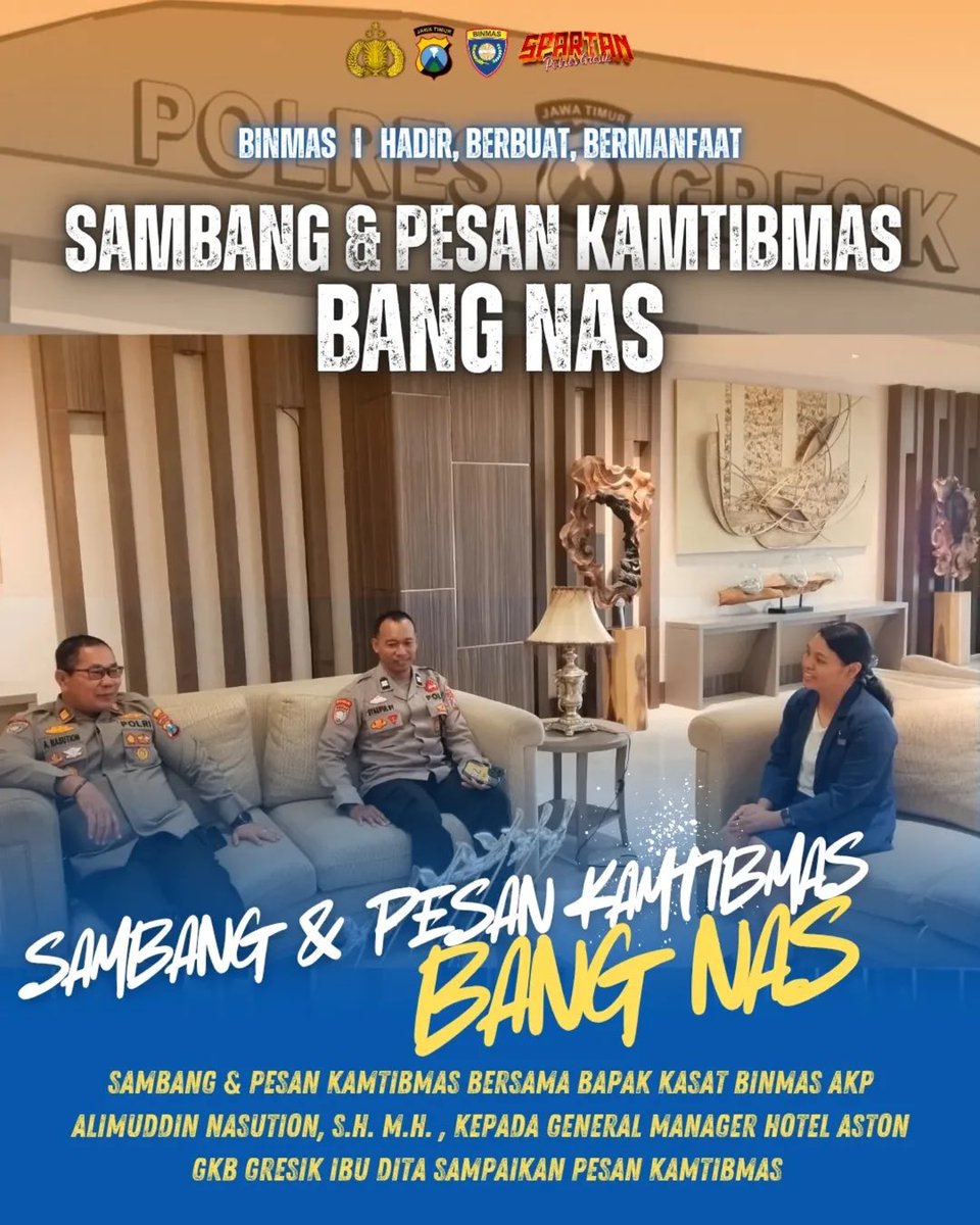 rovanmahenu's tweet image. Giat Bang Nas ( Kasat Binmas) sambang &amp;amp; sampaikan pesan kamtibmas dengan General Manager Hotel ASTON GKB Gresik ibu Dita
#bangnas #satbinmaspolresgresik #polresgresik
#polriuntukmasyarakat #polriuntukmasyarakat