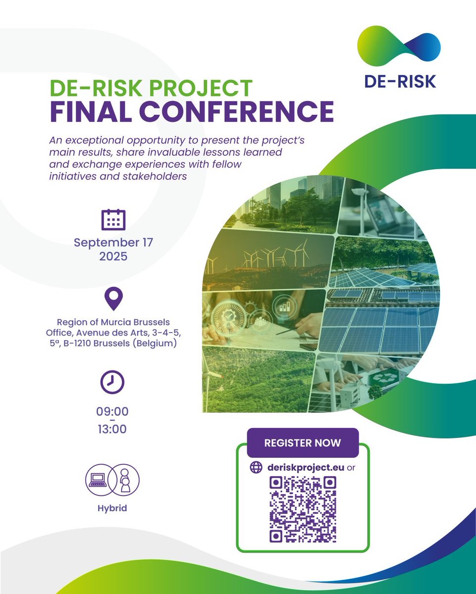 📢 DE-RISK Final Conference
🗓 17 Sept 2025 | Brussels &amp; online

⚡ Flexibility markets
📊 Pilot results
🤝 Networking

👉 Register: lnkd.in/dKMnRG5w

#CleanEnergy #EnergyTransition #Flexibility #DERISKProject #DigitalTwins #SmartGrids