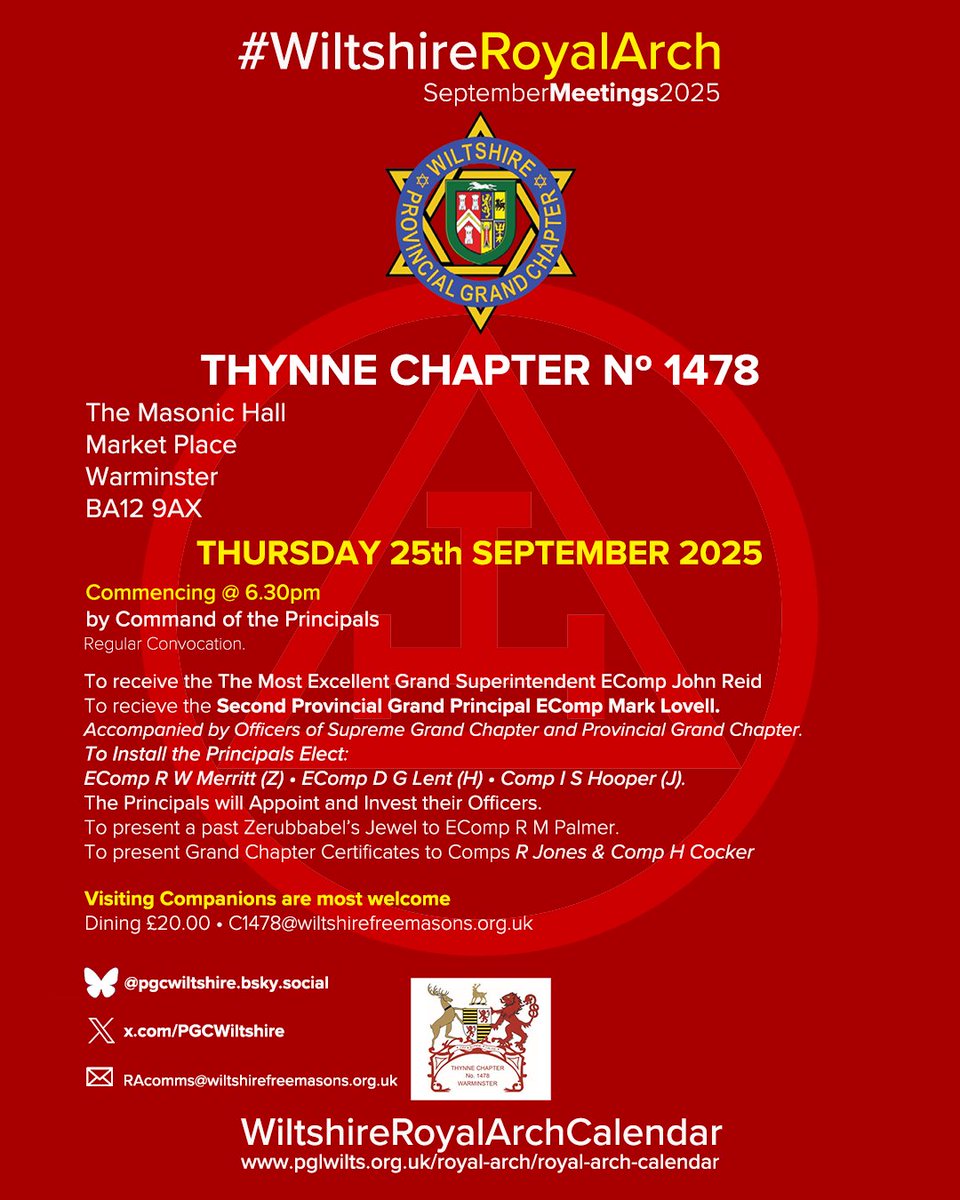 PGChapter Wiltshire (@pgcwiltshire) on Twitter photo #WiltshireRoyalArch Meetings-September-2025. Thynne Chapter N° 1478. Thursday 25th Sept @ 6.30pm. The Masonic Hall, Market Place, Warminster BA12 9AX. Visiting Companions are most welcome to attend. #RoyalArch #DiscoverMore <a href="/PGCWiltshire/">PGChapter Wiltshire</a> <a href="/wiltspgl/">Wiltshire Freemasons</a> #WiltshireRoyalArch Meetings-September-2025. Thynne Chapter N° 1478. Thursday 25th Sept @ 6.30pm. The Masonic Hall, Market Place, Warminster BA12 9AX. Visiting Companions are most welcome to attend. #RoyalArch #DiscoverMore <a href="/PGCWiltshire/">PGChapter Wiltshire</a> <a href="/wiltspgl/">Wiltshire Freemasons</a>