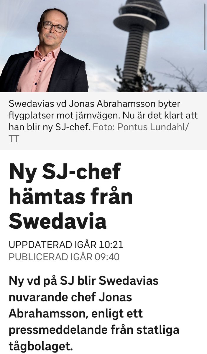 58 år. Det är ju en enorm skillnad mot 62 år. Vilken föryngring av SJ ledning med en ny VD från flyget. Nu finns det hopp om tåg som går på tid- nej, jag menar tåg som ens kommer. Transportsektorn har han erfarenhet av så man kan ju alltid hoppas på nya revolutionerand visioner.