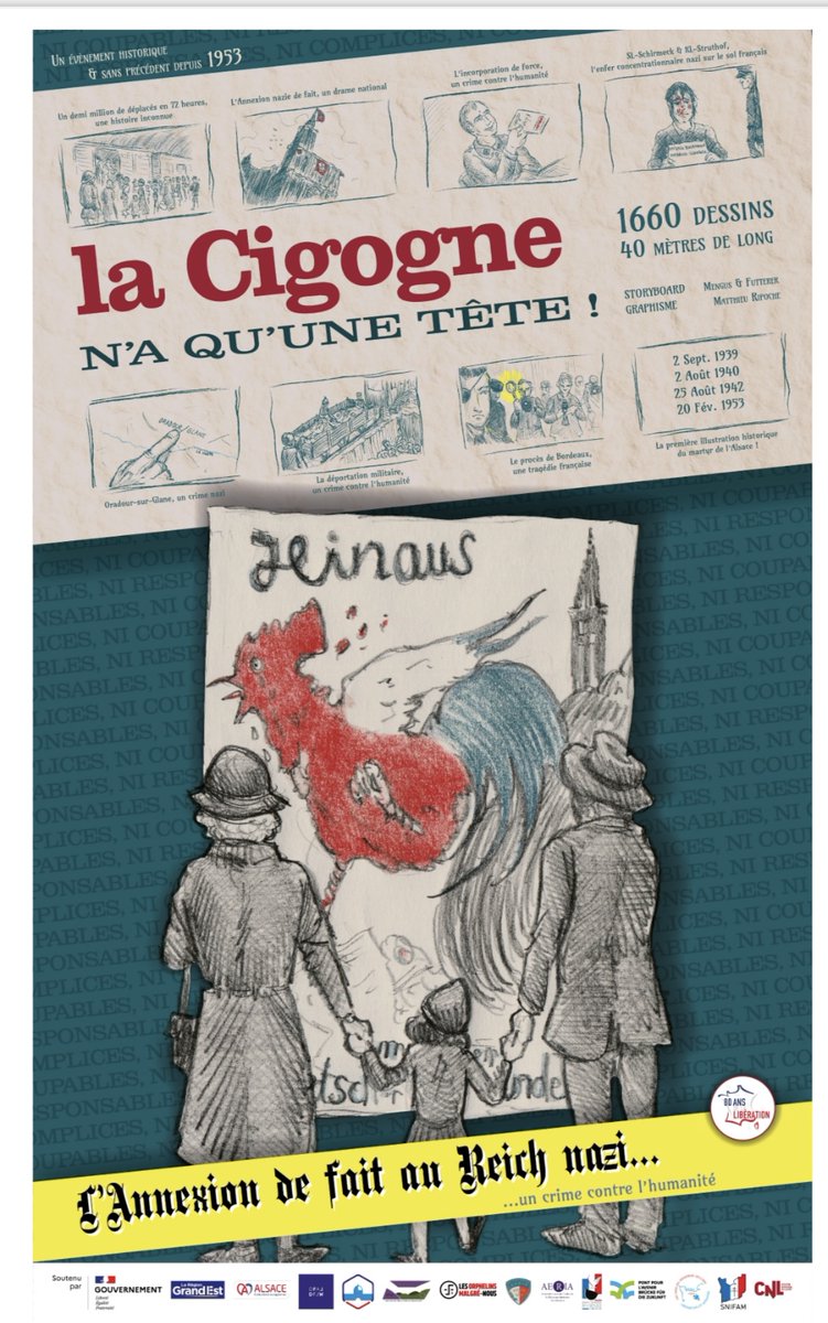 Les 2 expos à découvrir au Koïfhus qui mettent à l'honneur la mémoire des incorporés de force, sont prolongées jusqu'au  31 août. 
“La cigogne n’a qu’une tête”, Fresque historique en BD
Exposition franco-allemande réalisée par 300 élèves des deux rives du Rhin. 
→ Entrée libre.