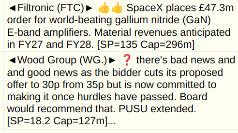 MrC's Smallcap Sweep. Low earth orbit's the limit for Filtronic as it wins its largest order 
◄FTC,WG.,TMO,LIFS,VAL,GENI,LST,EKF,PR1,AT.,CKT►

My report will appear on today's Small/Mid Caps with Paul Scott. Subscribe at
paulypilot.substack.com