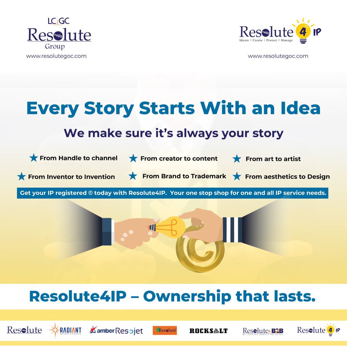 At Resolute4IP, we make sure your work gets the protection it deserves. From trademarks to designs, from patents to copyrights, our one-stop IP service safeguards your creations, so they remain truly yours. Get your IP registered today!

#Resolute4IP #LCGCResoluteGroup