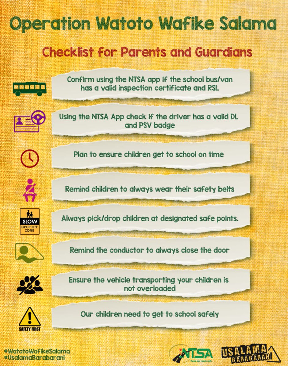Kenya Industrial Estates (KIE) (@kie_kenya) on Twitter photo 🚸 As schools reopen, let’s keep our children safe on the roads.
Drivers, slow down near schools & crossings.
Parents, teach children safe road practices.
Together, we can save lives.
#BackToSchool #RoadSafety
<a href="/ntsa_kenya/">NTSA KENYA</a> 🚸 As schools reopen, let’s keep our children safe on the roads.
Drivers, slow down near schools & crossings.
Parents, teach children safe road practices.
Together, we can save lives.
#BackToSchool #RoadSafety
<a href="/ntsa_kenya/">NTSA KENYA</a>