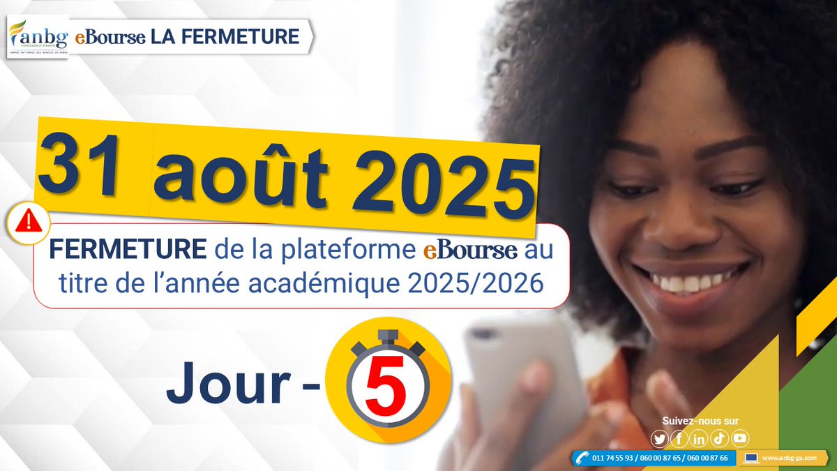 [eBourse LA FERMETURE] 🔔

Attention, l'échéance approche !!
Créez votre compte.
Nous le validons.
Enfin, faites votre demande de bourse 2025-2026 au plus tard le 31 août 2025.

Accédez à eBourse via le lien suivant : 🔗anbg.online/accueil

#ANBG
#anbggabon