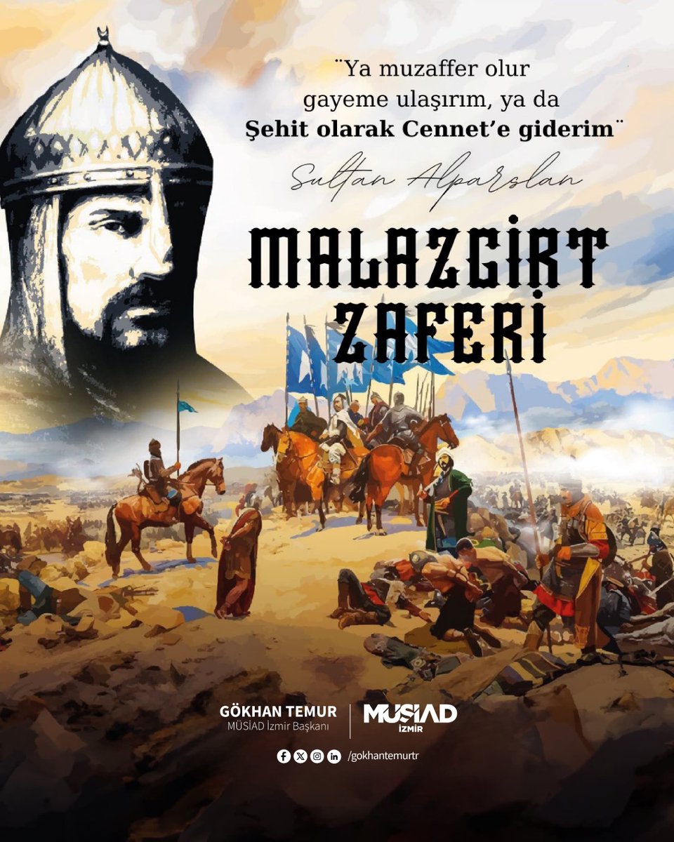 Kadim yurdumuz Anadolu’nun kapılarını milletimize açan Malazgirt Zaferi’nin 954. yıl dönümü kutlu olsun.

Tarihimizin dönüm noktalarından biri olan bu büyük zaferin mümtaz komutanı Sultan Alparslan’ı, kahraman askerlerimizi ve aziz şehitlerimizi rahmet, minnet ve şükranla
