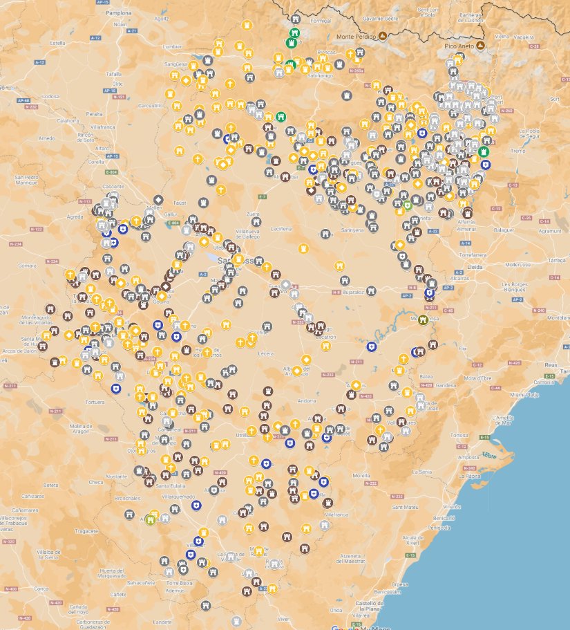 A l'actual Aragó he localitzat 744 castells medievals.

Es pot observar com l'Ebre feia de frontera natural.

Alguns que val la pena visitar són:

Castell de Loarre (Osca)
Castell de Montsó (Osca)
Castell de Peracense (Terol)
Castell de Sádaba (Saragossa)

mapadecastells.cat