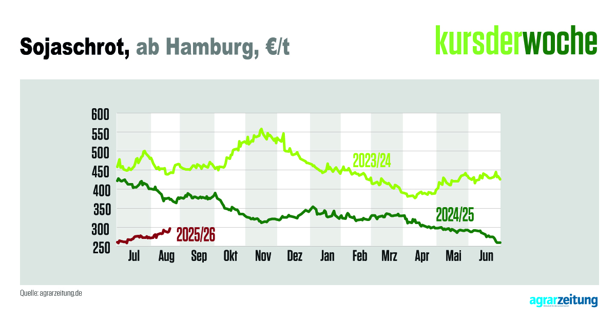 Sojaschrot ist auf sehr niedrigem Niveau ins neue #Wirtschaftsjahr gestartet. Der Tiefpunkt bei 259 €/t wurde am 2. Juli verzeichnet. Zuletzt wurde aber mit 297 € die 300er-Marke nur knapp verfehlt. Der Trend zeigt nach oben.