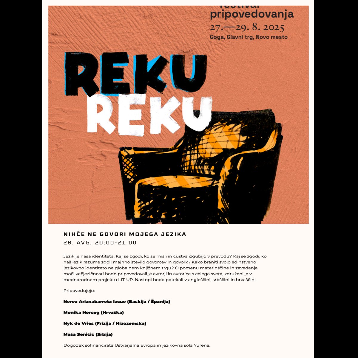 Nykdevries's tweet image. Vandaag trein ik naar Slovenië waar ik op zal treden op het Reku Reku Storytelling Festival, met o.a. Nerea Ariznabarreta Izcue, Maša Seničić en Monika Herceg met wie ik eerder optrad tijdens het Druskininkai Poetic Fall Festival in Litouwen. Met dank aan @LwdLiterature.