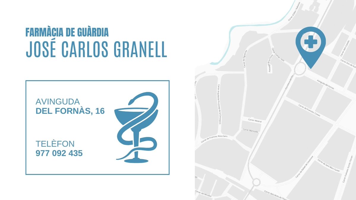 Bon dia, avui a #Valls la farmàcia de guàrdia és José Carlos Granell, a l'avinguda del Fornàs, 16.
#FarmàciaGuardiaValls
