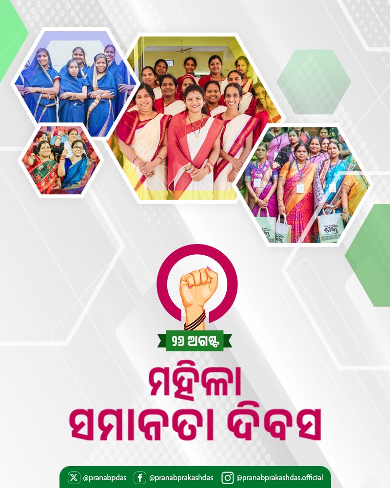 ମହିଳା ସମାନତାରେ ଉଲ୍ଲେଖନୀୟ ଭୂମିକା ତୁଲାଇଛି ବିଜେଡି ସରକାର।

ମିଶନ ଶକ୍ତି ଠାରୁ ଆରମ୍ଭ କରି ମହିଳାଙ୍କ ପାଇଁ ସ୍ଵତନ୍ତ୍ର ବଜେଟ୍ ପର୍ଯ୍ୟନ୍ତ ସବୁ କ୍ଷେତ୍ରରେ ମହିଳାଙ୍କୁ ସଶକ୍ତ କରି ସୃଷ୍ଟି କରିଛି ଉଦାହରଣ।

ମା'ମାନଙ୍କ ବିକାଶର ଧାରାକୁ ବଜାୟ ରଖି ଏହାକୁ ଆହୁରି ଆଗକୁ ନେବା ପାଇଁ ଆସନ୍ତୁ ସମସ୍ତେ ସଂକଳ୍ପ ନେବା।
