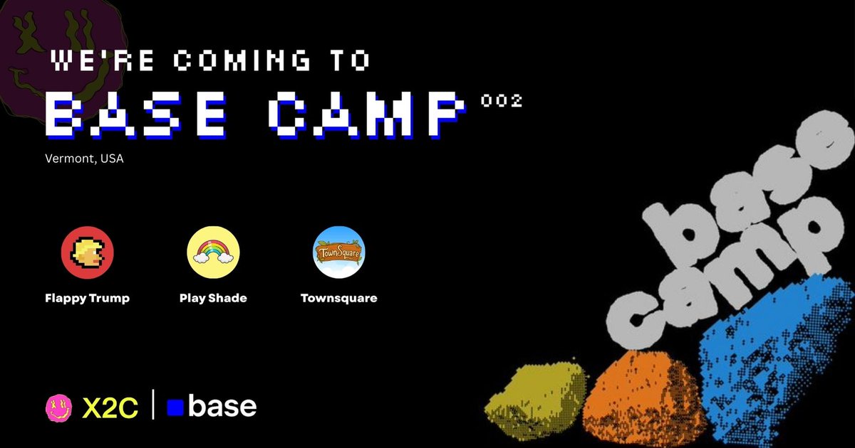 Excited to rep <a href="/X2CDotFun/">X2C - Arcade for Degens</a>, <a href="/PlayFlappyTrump/">Flappy Trump (mainnet arc) ⨀</a>, <a href="/PlayTownSquare/">Town Square | Solana ICMs → Farcaster</a> &amp; <a href="/playshade_fun/">Play Shade</a> at Basecamp 002 in Stowe, Vermont (Sept 14–16)! ✨

Thanks <a href="/callusfbi/">Farcaster Builders International</a> for the opportunity! 🫶💙

Can’t wait to connect with other BasedAF folks!
basecamp2025.xyz