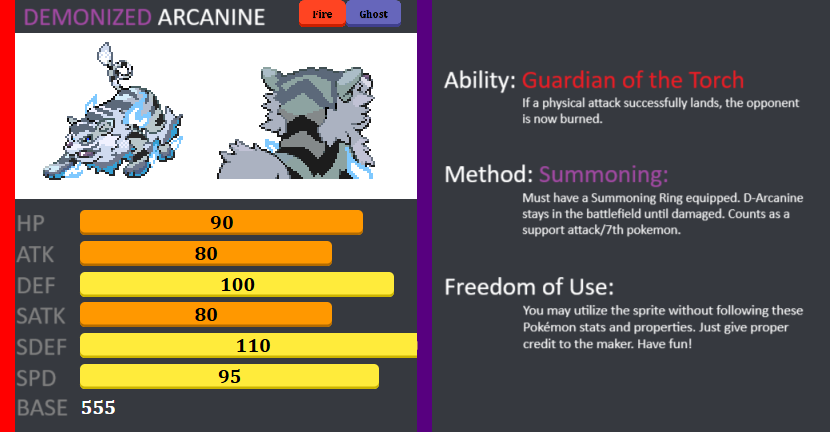 ImSoFakery's tweet photo. Introducing: Demonized/Guardian Pokemons!
These Pokemons are summoned via Summoning Ring and packs a punch! but there's a catch! They don't last long in battles via summoning conditions #Fakemon #Fakepokemon #Pokemon #PixelArt #Sprites #Arcanine #RegionalForm #Free2Use https://t.co/9ziwszYwQ2