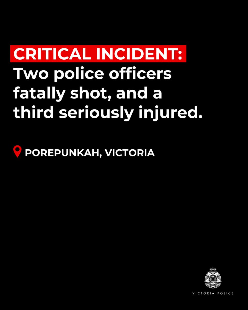 Two on duty police officers have been shot and killed, and a third was seriously injured, during an incident in Porepunkah this morning.
 
Further information about the incident will be provided once it comes to hand.

More > police.vic.gov.au/two-police-off…