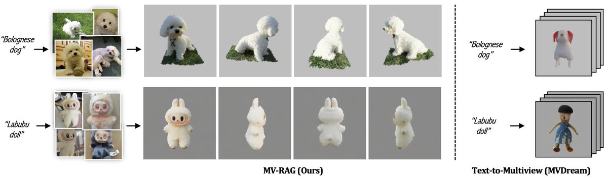 [1/10] 🤔 What if you wanted to generate a 3D model of a “Bolognese dog” 🐕 or a “Labubu doll” 🧸?
 Try it with existing text-to-3D models → they collapse.
 Why? These concepts are rare or new, and the model has never seen them.

🚀 Our solution: MV-RAG

See details below ⬇️
