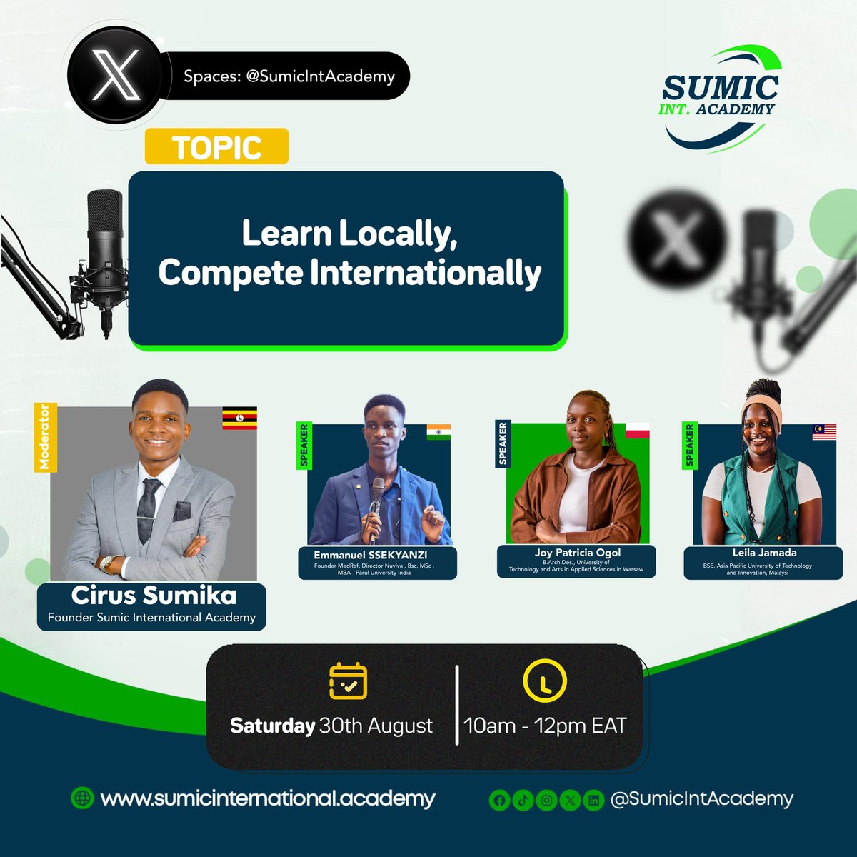 Olive Nankonyoli (@oliveria53798) on Twitter photo This Saturday 30 August 2025
📌 X Space | <a href="/SumicIntAcademy/">Sumic International Academy</a>
📌 Topic: Learn Locally, Compete Internationally 🌏
📌 Set a reminder 🛎️ for the upcoming space!
🕓 10:00AM EAT
Space Link: ⬇️
🔗 x.com/i/spaces/1RDGl…
#VisitSumic #SumicIntAcademy #StudyWithSumic This Saturday 30 August 2025
📌 X Space | <a href="/SumicIntAcademy/">Sumic International Academy</a>
📌 Topic: Learn Locally, Compete Internationally 🌏
📌 Set a reminder 🛎️ for the upcoming space!
🕓 10:00AM EAT
Space Link: ⬇️
🔗 x.com/i/spaces/1RDGl…
#VisitSumic #SumicIntAcademy #StudyWithSumic
