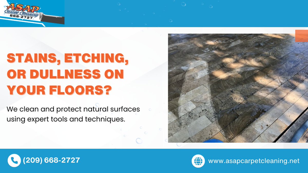 Dull, stained stone floors?

We bring back the shine with deep stone cleaning &amp; expert sealing! ✨🧼

Book with us today!

📞 (209) 668-2727
🌐 asapcarpetcleaning.net/natural-stone-…

#ASAPCarpetCleaning #StoneCleaningExperts #ShinyFloors #SpotlessFloors