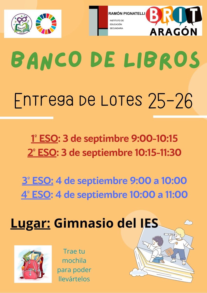 📚 El día 3 y 4 de septiembre se entregarán en el gimnasio del IES los lotes de los usuarios del banco de libros para el curso 25-26. 

🧰 Trae tu mochila para poder llevártelos.

#IESPignatelli