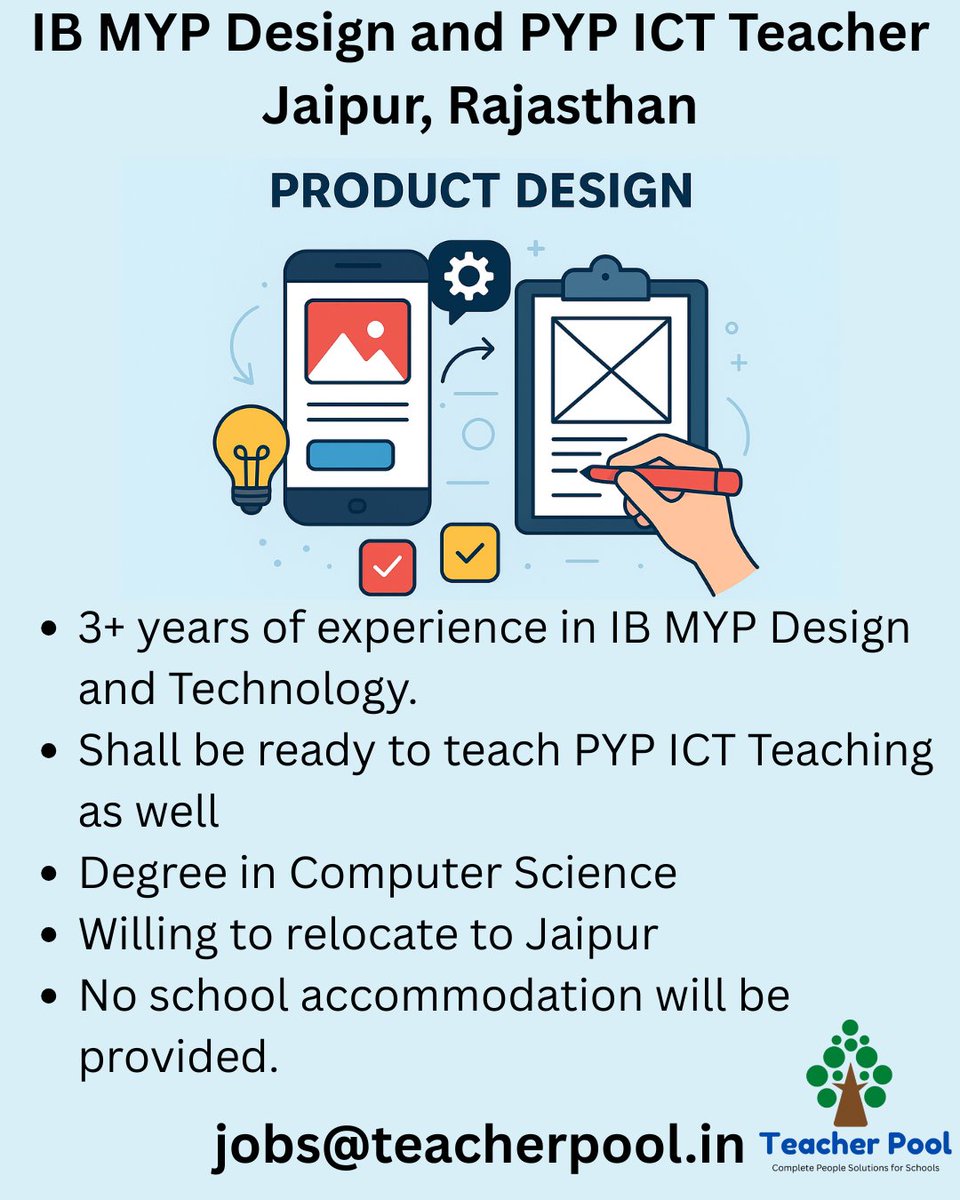 pool_teacher's tweet image. 📢 Hiring: IB MYP Design & PYP ICT Teacher – Jaipur, Rajasthan
✅ 3+ yrs IB MYP Design exp.
✅ Ready to teach PYP ICT
✅ Degree in Computer Science
✈️ Relocate to Jaipur (no accommodation)
Apply: jobs@teacherpool.in
#IBTeacher #MYPDesign #PYPICT #TeachingJobs #Jaipur