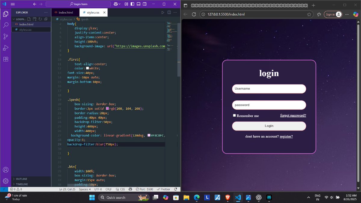 sahu_ipesh's tweet image. Day 5 of #100daysofcode

-&amp;gt; Solved Rearrange Array Elements by Sign on LeetCode. 

-&amp;gt; Designed a Login Page with HTML &amp;amp; CSS .

#buildinpubic #WebDevelopment #dsa