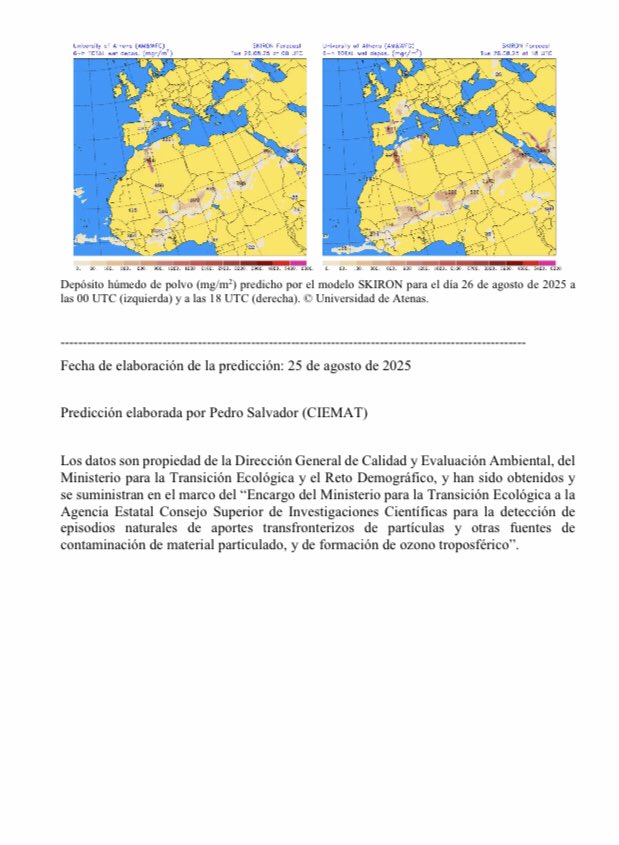⚠️ATENCIÓN⚠️

Aviso intrusión masa AIRE AFRICANO para el 26 agosto, con concentraciones polvo en suspensión entre 50 y 200 µg/m3.

☑️Evite esfuerzos físicos al aire libre.
☑️En caso de dificultad respiratoria, llame al 112 o acuda al centro de salud.

gestiona.comunidad.madrid/azul_internet/…
