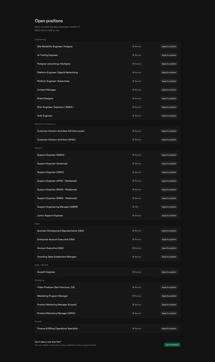 Supabase is hiring at 30 different roles across engineering and growth departments!

If you are interested in any of them, apply now! If you don't see any roles that fit you, you can also leave your info for future roles from the "join community" button at the bottom!