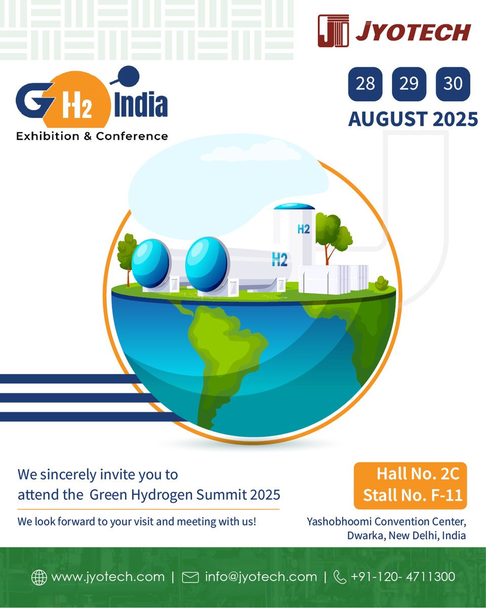 JyotechEngg's tweet photo. Pleased to announce our participation in the #GreenHydrogen Summit 2025!🌱⚡

📍Visit us at Hall 2C, Stall F-11  |  28–30 Aug
Yashobhoomi Convention Center, New Delhi

#Hydrogen #H2 #HydrogenCompressor #H2Compressor #GH2 #GH2Summit #CleanEnergy #Compressor #HPCompressor #Jyotech https://t.co/kkYZgNTHLk