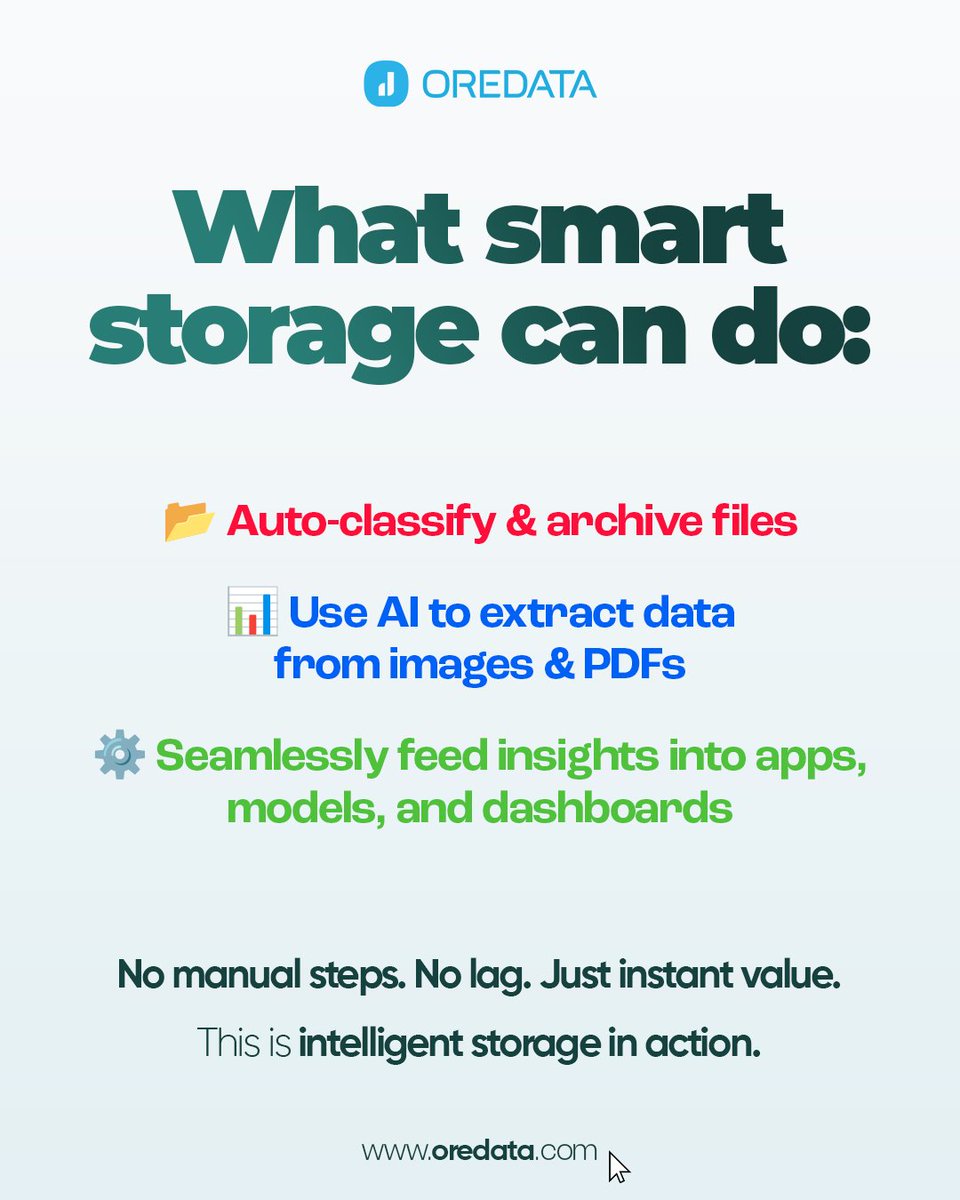 OREDATA's tweet image. 💡 What if your storage could think for you?
 With Google Cloud Storage, your documents don’t just sit idle. They’re auto-classified, securely archived, and even read by AI to extract the data that matters.

#Oredata #GoogleCloudPartner #SmartStorage #CloudStorage #AIinData
