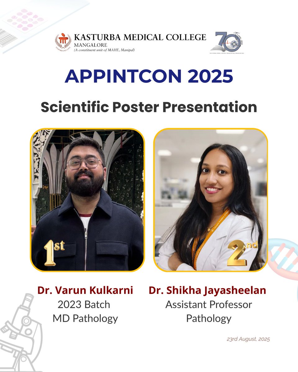 At #APPINTCON2025 (Aug 22–23), Dr. Shikha Jayasheelan (Assistant Professor) &amp; Dr. Varun Kulkarni (2023 MD batch) from <a href="/KMCMLR_Path/">Pathology KMC</a> received recognition for their scientific posters on pediatric lymphomas.

#KMCMangalore #ResearchExcellence