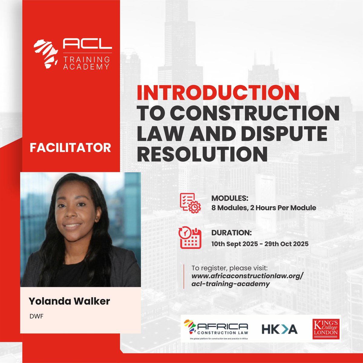 Meet Yolanda Walker, Partner at DWF
Fee: Early Bird: $350- Ends August 31, 2025- closes in 7 days.
Earn 2 CLE points for <a href="/NigBarAssoc/">Nigerian Bar Association</a> 
Register now: africaconstructionlaw.org/acl-academy/
contact us aclacademy@africaconstructionlaw.org  #ACLTrainingAcademy #HKA #FIDIC #KingsCollegeLondon
