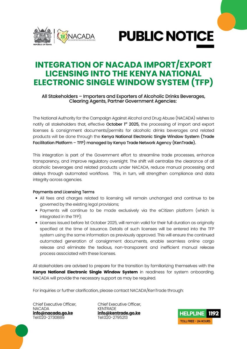 🚨 Attention all alcohol importers, exporters, and stakeholders! 🚨

Starting October 1, 2025, NACADA is streamlining import/export licenses with the Kenya National Electronic Single Window System (Trade Facilitation Platform - TFP) 🚀.

Say goodbye to manual delays and hello to