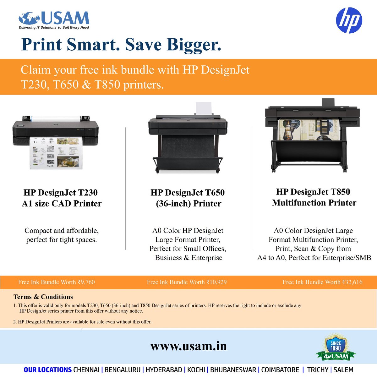 UsamTech's tweet image. Need a printer that works as smart as your business?
Get HP DesignJet T230, T650 &amp;amp; T850 with a complimentary ink bundle.
Contact us at 92821 14114 or info@usam.in
#PrintSmart #SaveBigger #HPDesignJet #usam