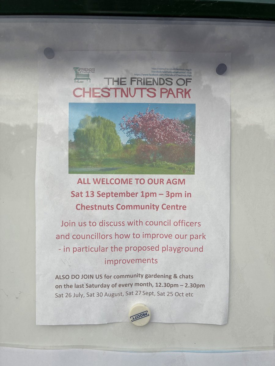 🌳 Friends of Chestnuts Park AGM

📅 Sat 13 Sept | 🕐 1–3pm

📍 Chestnuts Community Centre
Join us to discuss park plans with the Friends &amp; council colleagues – especially the planned playground improvements.

Come &amp; find out how you can get involved in improving our park.
🌱