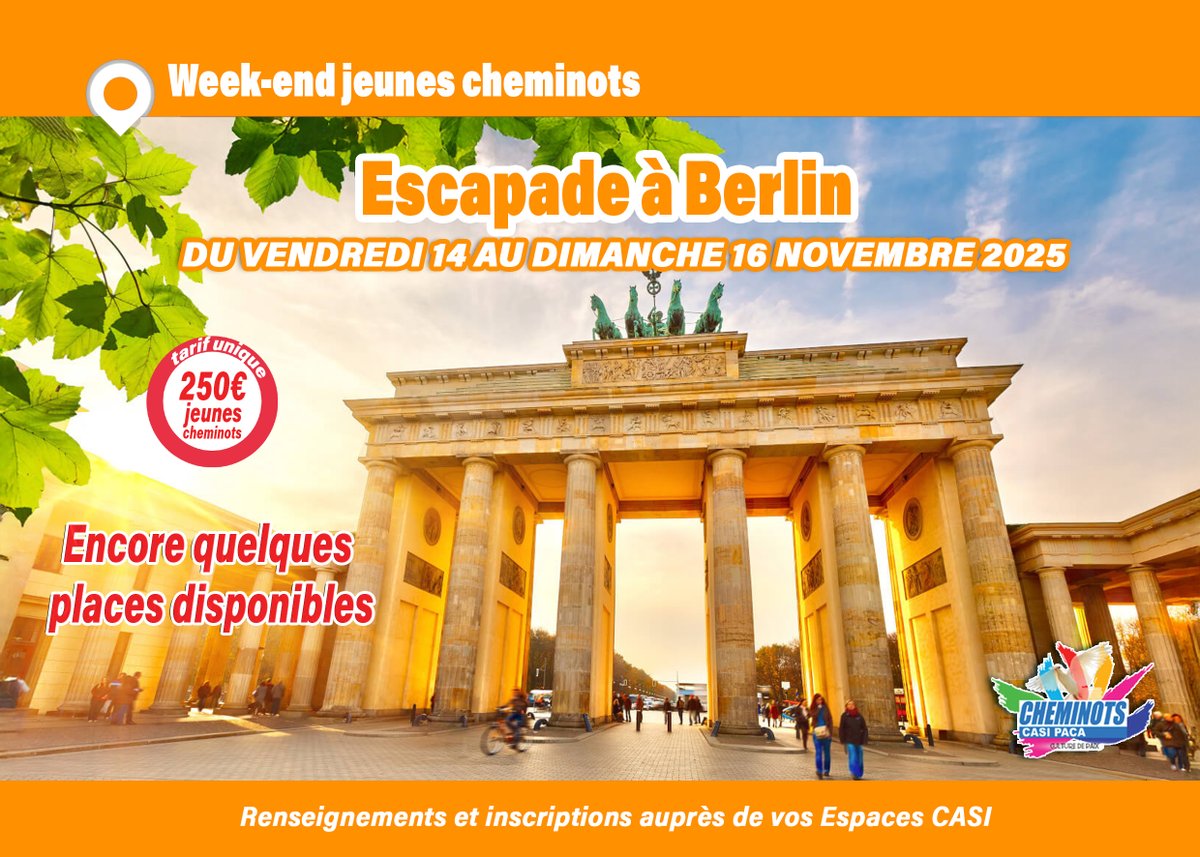 Escapade à "Berlin" 
week-end spécial jeunes cheminots.
DU VENDREDI 14 AU DIMANCHE 16 NOVEMBRE 2025
ATTENTION : les week-ends jeunes cheminots sont réservés uniquement aux jeunes agents (jusqu’à 35 ans inclus) et à leur conjoint en possession des facilités de circulation)