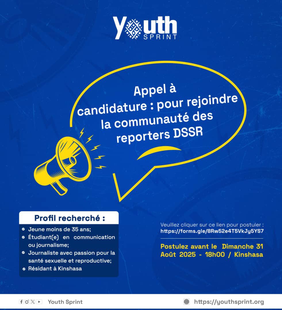 🔔 Appel à candidatures – Jeunes Reporters DSSR

📌 18-30 ans, basé·e à Kinshasa, passionné·e de journalisme, com’ ou multimédia ? 🖋🎙 

Rejoins-nous pour des formations, mentorat &amp; opportunités (podcasts, reportages)

📝 Postule avant 31/08/25 – 18h
🔗 forms.gle/8MdXEstJMWM4UN…