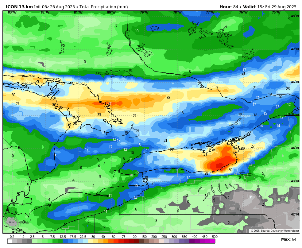 mrwx4caster's tweet photo. Just a few deterministic rainfall guidance (mm) (CAN, EURO, GFS๐, ICON) for the rest of the week. There has been an uptick since the last time I looked. The models in general showing and increase of rainfall along the sinking cold front. #onwx #onstrom Will post ensembles next. https://t.co/ghiTyS9JEs
