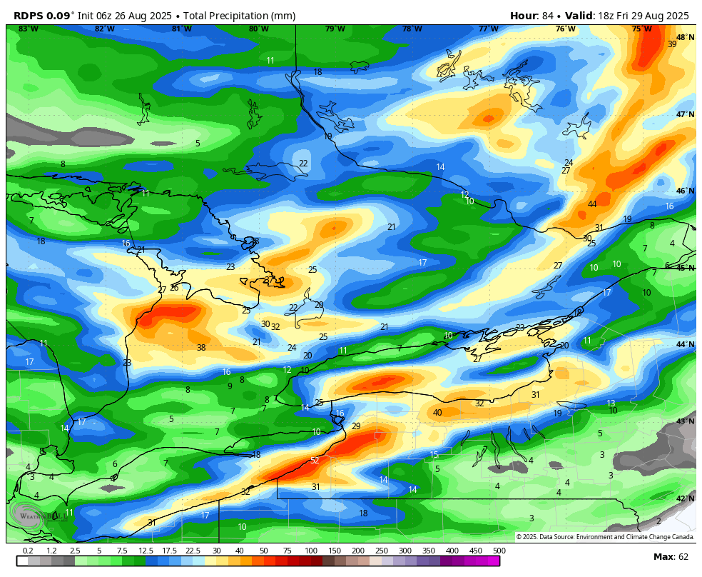 mrwx4caster's tweet photo. Just a few deterministic rainfall guidance (mm) (CAN, EURO, GFS๐, ICON) for the rest of the week. There has been an uptick since the last time I looked. The models in general showing and increase of rainfall along the sinking cold front. #onwx #onstrom Will post ensembles next. https://t.co/ghiTyS9JEs