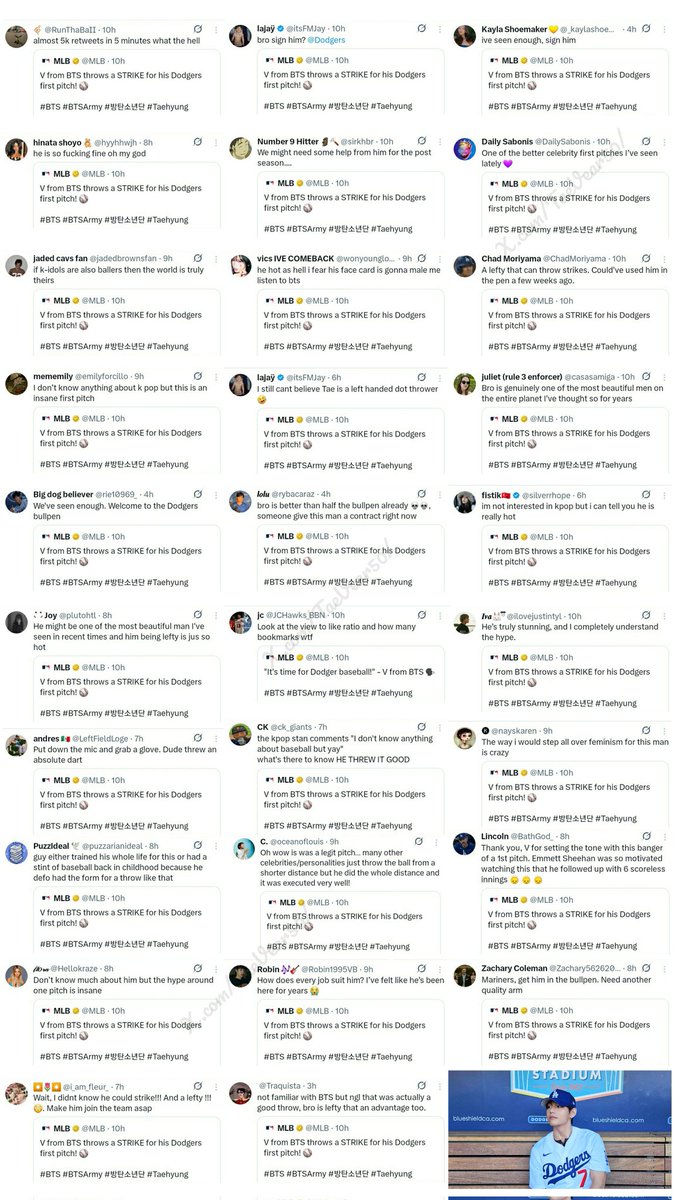 After Taehyung’s first pitch, he went viral everywhere, receiving praise not only from Korean audiences but also internationally, including nonfans and baseball fans. Tweets about him easily reached over 100k likes within just a few hours 😌

#VCeremonialFirstPitch
#TaehyungxMLB
