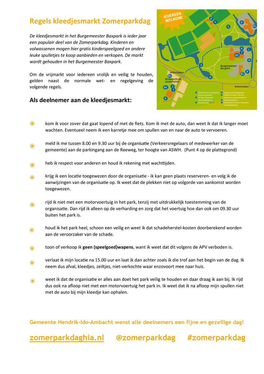 ☀️👍🏼💶 Natuurlijk ook dit jaar op #Zomerparkdag: #Kleedjesmarkt in #Baxpark! Doe je er aan mee, let er dan op dat de ingang dit jaar aan de #Reeweg is. Meld je tussen 800 en 930 uur.

We wensen verkopers, kijkers en kopers alvast heel veel plezier!

ℹ️ zomerparkdaghia.nl/2025/08/13/kle…