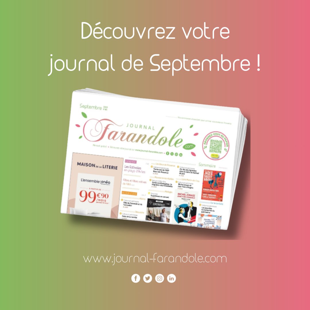 [#VotreJournal🗞]
C'est la rentrée en Septembre, le Pays d'Arles et la Provence vous accueillent grâce au Journal Farandole

📖 Lisez : urlr.me/kebhvJ
💻 Naviguez : swll.to/rFtWg1J
🙏 Soutenez : swll.to/BhByN

#Presse #BouchesDuRhône #PaysDArles#Rentrée