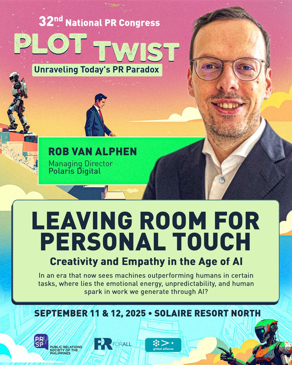 PRSPofficial's tweet image. WHERE LIES THE HUMAN SPARK IN OUR WORK WITH AI? ✨
Polaris Digital MD Rob Van Alphen dives into this question at the 32nd National PR Congress.
📅 Sept 11–12 | Solaire Resort North
🔗 Register: bit.ly/3SXGCoH

#PRCongress2025 #PlotTwistPR #PRForAll