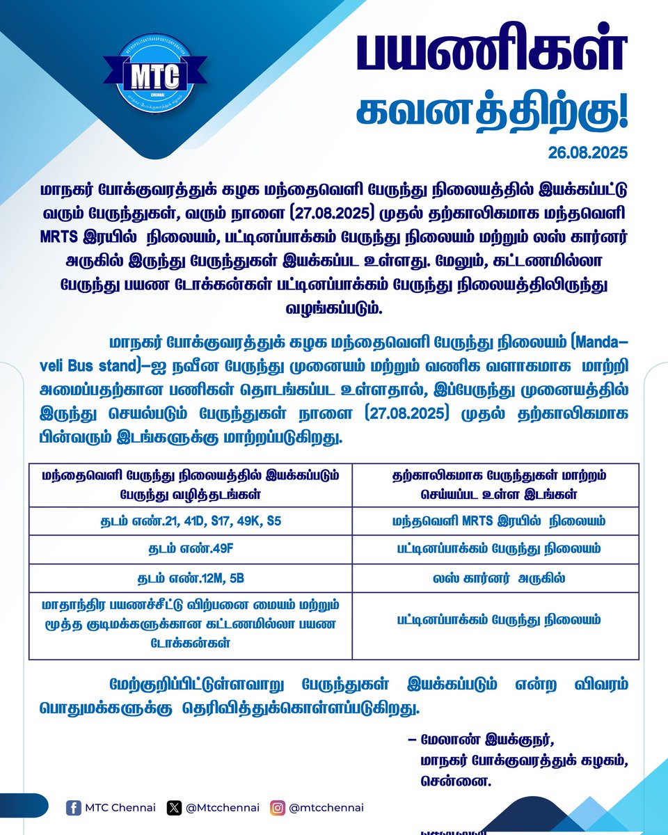MtcChennai's tweet photo. மாநகர் போக்குவரத்துக் கழக மந்தைவெளி பேருந்து நிலையத்தில் இயக்கப்பட்டு வரும் பேருந்துகள், வரும் நாளை (27.08.2025) முதல் தற்காலிகமாக மந்தவெளி MRTS இரயில் நிலையம், பட்டினப்பாக்கம் பேருந்து நிலையம் மற்றும் லஸ் கார்னர் அருகில் இருந்து பேருந்துகள் இயக்கப்பட உள்ளது. மேலும், கட்டணமில்லா பேருந்து பயண டோக்கன்கள் பட்டினப்பாக்கம் பேருந்து நிலையத்திலிருந்து வழங்கப்படும்.
- மேலாண் இயக்குநர்,
மாநகர் போக்குவரத்துக் கழகம், சென்னை.
#MTCChennai | #MTC4Chennai | #ChennaiBus | #MTCBus | #Chennai | #NammaChennai | #NammaBus
