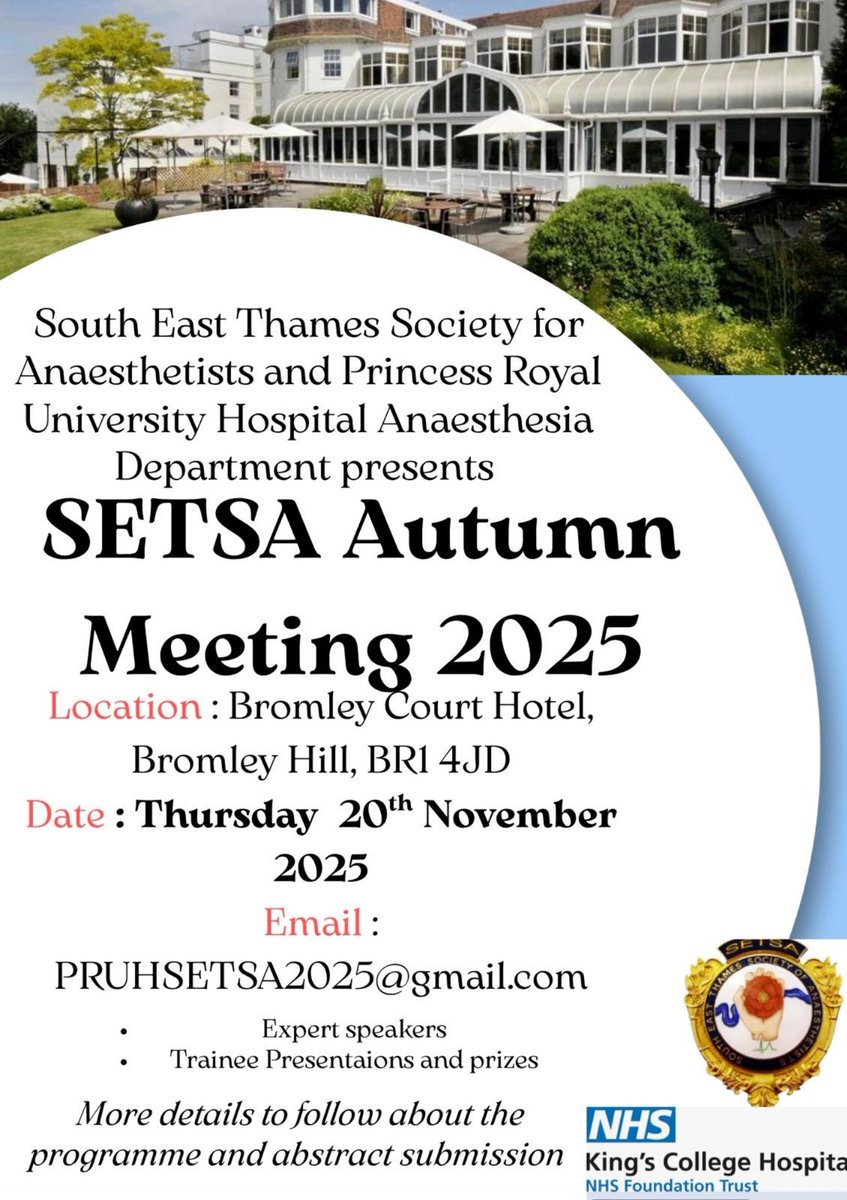 Save the date!
The SETSA Autumn Meeting 2025 will be held on Thursday 20th November

📝 Abstract submission now OPEN!
🏆 Prizes
📖 Programme coming soon
🔗 Booking: bookcpd.com/course/setsa-a…
ℹ️ Info: setsa-online.org.uk/next-meeting

#SETSA2025 #MedEd #Research #anaesthesia #medtwitter #QI