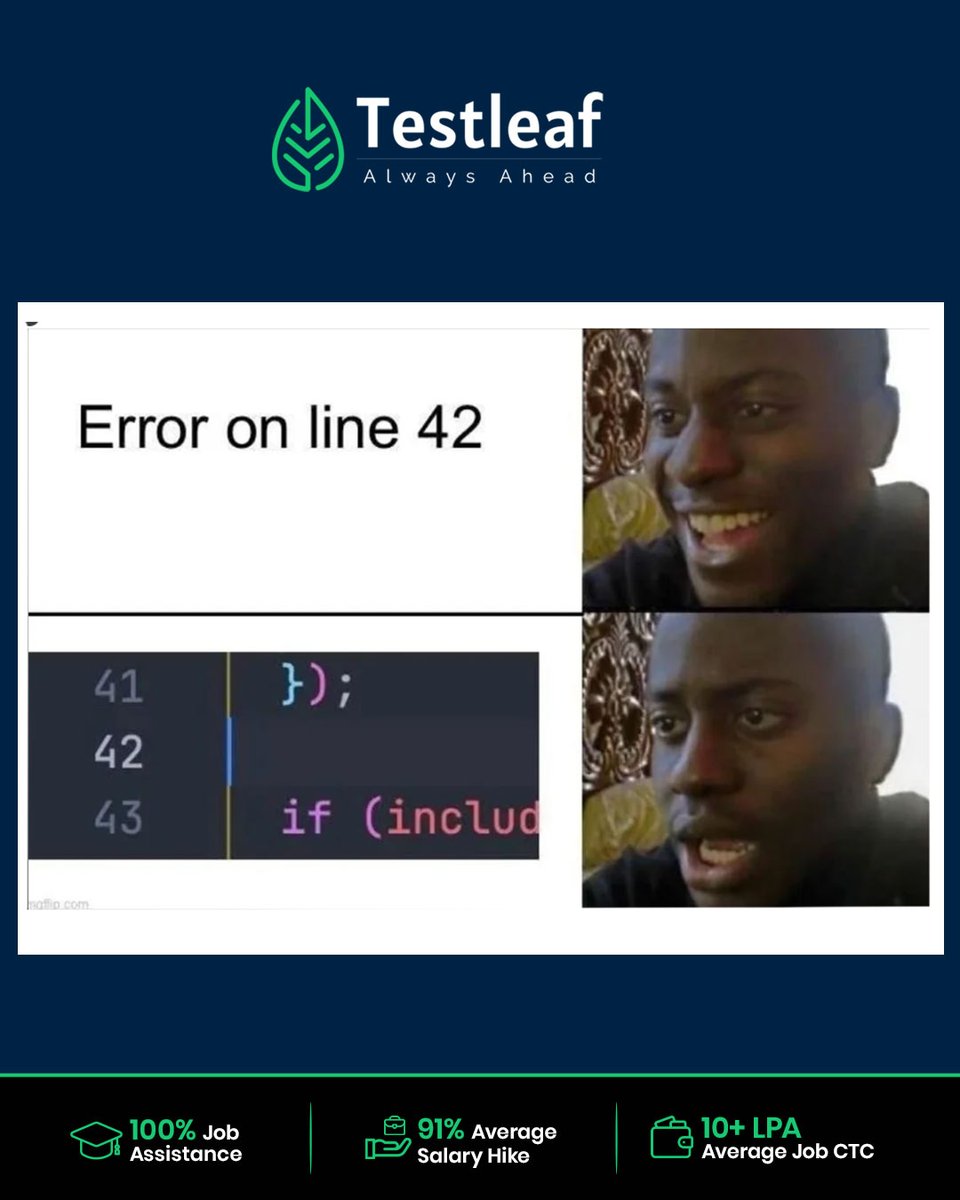 Testleaf1's tweet image. When the code says the error is on line 42… but line 42 is innocent.
Follow us for much content.
#testleaf #DebuggingChallenge #CodeSmarter #CSharpFun #TestLeaf #SpotTheError #DeveloperChallenge #genai #testautomation #softwaretesting #testleaf #top1percent #qarevolution