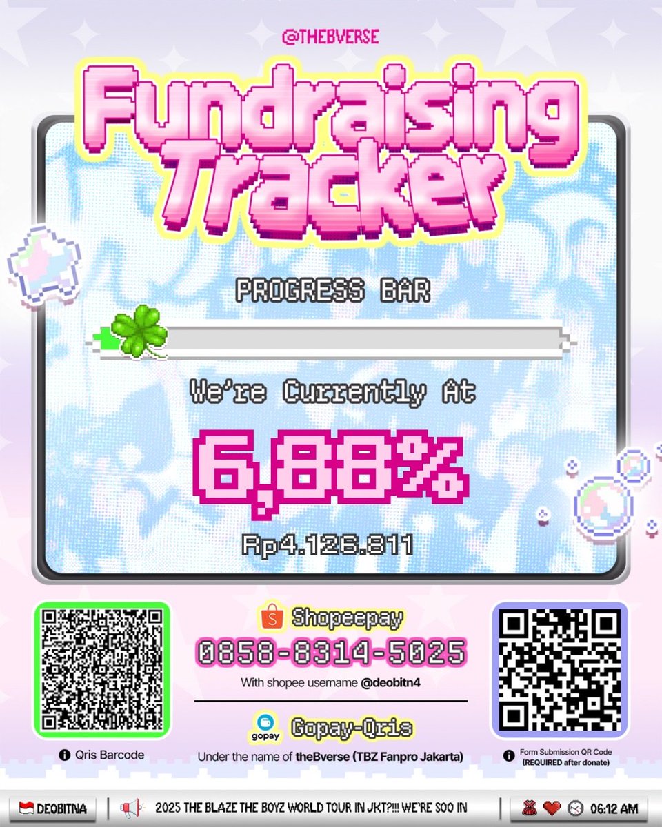 🚨 FUNDRAISING PROGRESS 🚨

Total dana yang telah terkumpul per tanggal 26 Agustus 2025, yaitu Rp 4.126.811

Tracker donasi: tinyurl.com/TrackerDonTheB…

Untuk deobitna yang mau ikut berdonasi WAJIB mengisi form di bawah ini yaa!

tinyurl.com/FundraisingFan…

Terima kasih yang sudah ikut