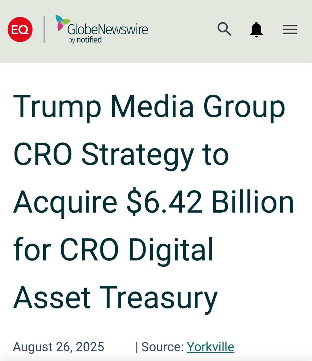 JUST IN: Trump Media and Crypto dot com have announced a definitive agreement to form Trump Media Group CRO Strategy, Inc. 

This will be a digital asset treasury company set to acquire $6.42B in CRO tokens for its treasury.

This is 3X the size of its Bitcoin treasury 🤔
