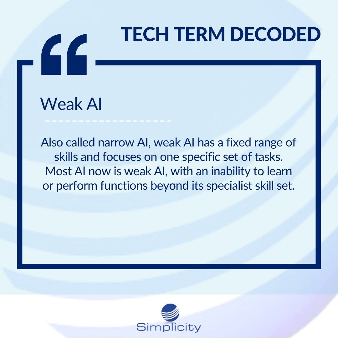 SimplicityVoIP's tweet image. “Weak AI” doesn’t mean ineffective—it means focused. 

It’s not trying to be human—just really good at one job. And that’s exactly what makes it so powerful in business communication.

#techtermTuesday #WeakAI #FutureOfWork