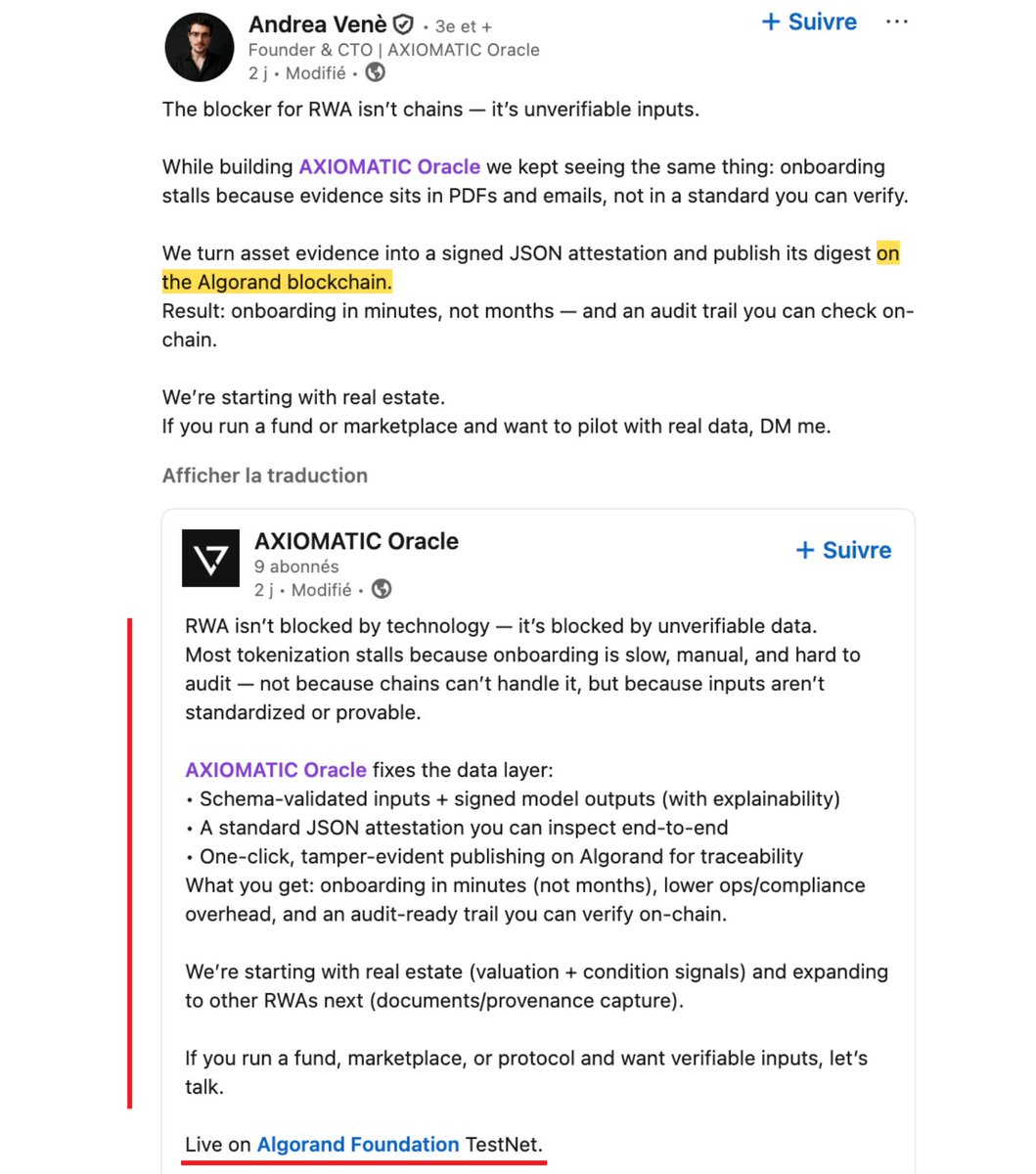 algerstmehn's tweet image. Very interesting, an Italian team has just launched an AI-powered RWA oracle, "AXIOMATIC Oracle", built on Algorand!
Already live on $ALGO testnet!
Could be a game changer for RWA adoption as it brings verifiable, on-chain AI valuations.
Might be interesting for @lofty_ai 🫡